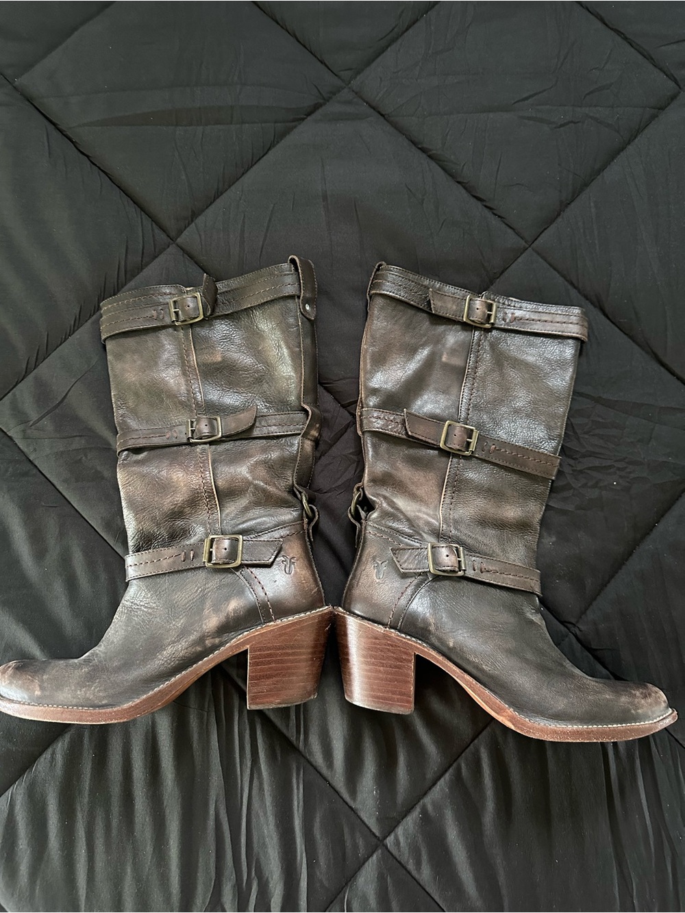Frye Brown Leather Mid-Calf Buckle Heel Boots
